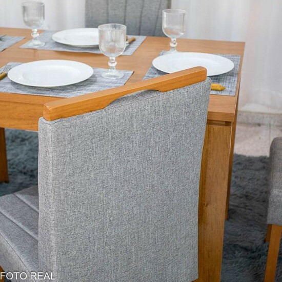 Mesa Athenas 120x80 Am�ndoa Clean Tampo Maci�o - M�veis Lopas + 4 Cad. Gabi Linho Cinza A Claro Madeira Maci�a Entregue Montada - Bom Lar