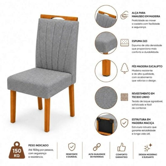 Mesa Athenas 120x80 Am�ndoa Clean Tampo Maci�o - M�veis Lopas + 4 Cad. Gabi Linho Cinza A Claro Madeira Maci�a Entregue Montada - Bom Lar