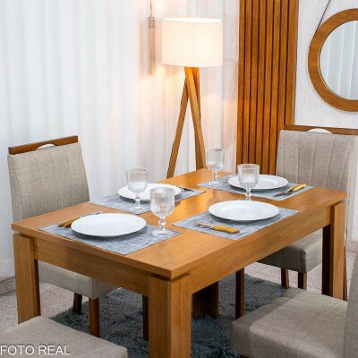 Mesa Athenas 120x80 Am�ndoa Clean Tampo Maci�o - M�veis Lopas + 4 Cad. Isabela Linho Bege Madeira Maci�a Entregue Montada - KM Decor
