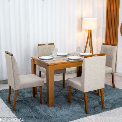 Mesa Athenas 120x80 Am�ndoa Clean Tampo Maci�o - M�veis Lopas + 4 Cad. Isabela Linho Bege Madeira Maci�a Entregue Montada - KM Decor