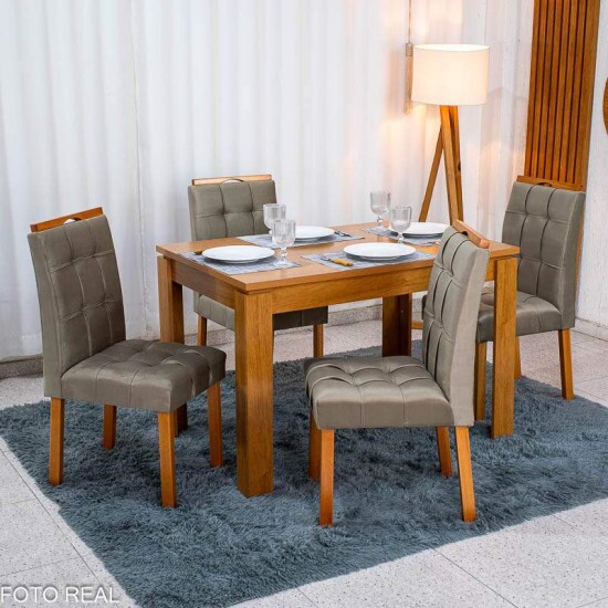 Mesa Athenas 120x80 Am�ndoa Clean Tampo Maci�o - M�veis Lopas + 4 Cad. Londres Veludo Avel� Madeira Entregue Montada - Minas Plac
