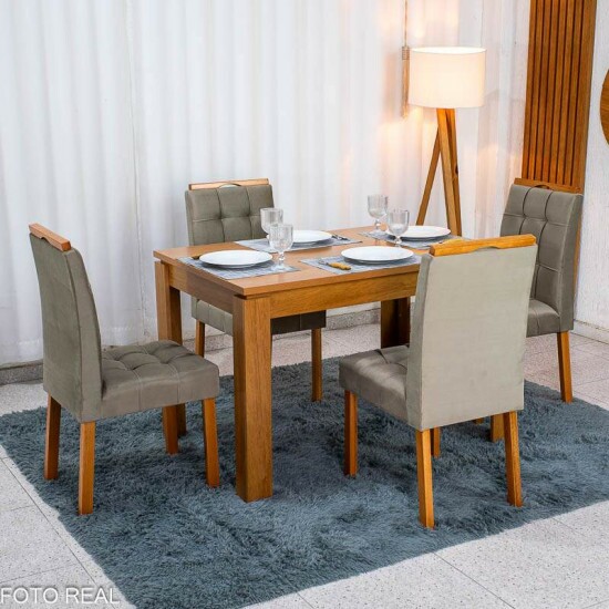 Mesa Athenas 120x80 Am�ndoa Clean Tampo Maci�o - M�veis Lopas + 4 Cad. Londres Veludo Avel� Madeira Entregue Montada - Minas Plac