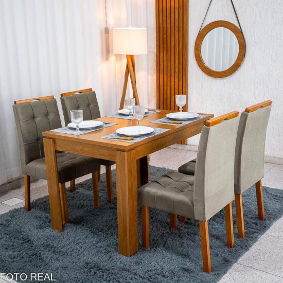 Mesa Athenas 120x80 Am�ndoa Clean Tampo Maci�o - M�veis Lopas + 4 Cad. Londres Veludo Avel� Madeira Entregue Montada - Minas Plac