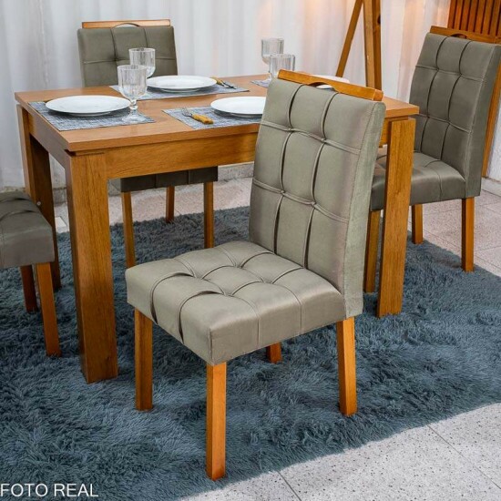 Mesa Athenas 120x80 Am�ndoa Clean Tampo Maci�o - M�veis Lopas + 4 Cad. Londres Veludo Avel� Madeira Entregue Montada - Minas Plac