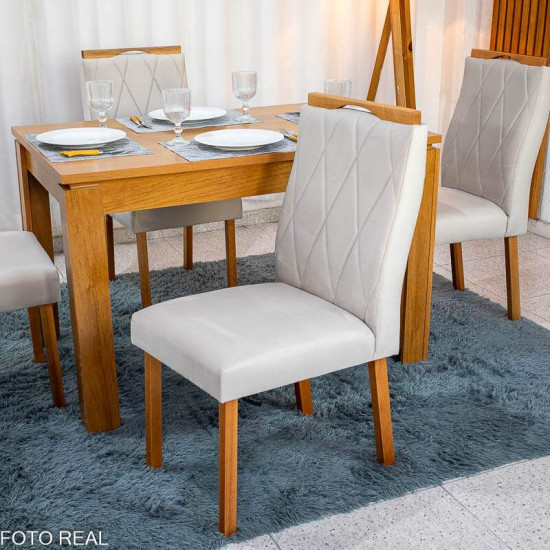 Mesa de Jantar Athenas 120x80 Am�ndoa Tampo Maci�o Lopas + 4 Cadeiras Lisboa Veludo Bege 512 Art Assento - Entregue Montada