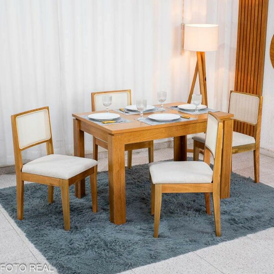 Mesa Athenas 120x80 Am�ndoa Clean Tampo Maci�o - M�veis Lopas + 4 Cad. Cantiga Boucle Bege Madeira Maci�a - Bechara