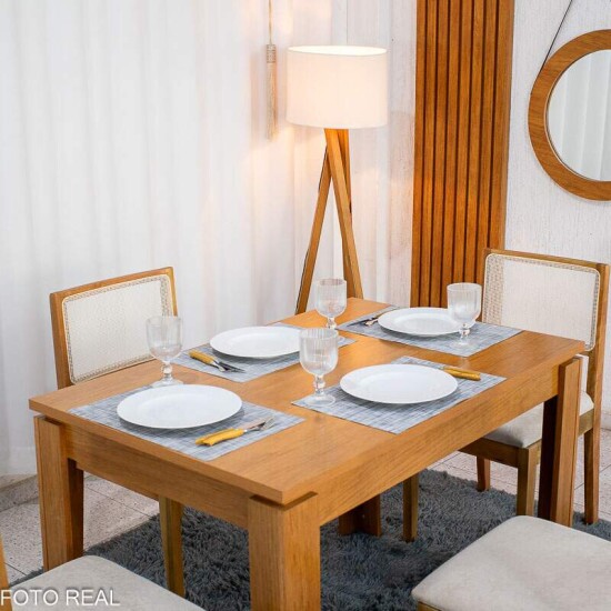 Mesa Athenas 120x80 Am�ndoa Clean Tampo Maci�o - M�veis Lopas + 4 Cad. Cantiga Boucle Bege Madeira Maci�a - Bechara