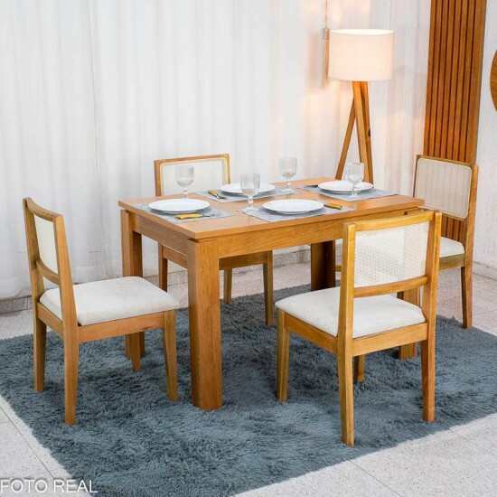 Mesa Athenas 120x80 Am�ndoa Clean Tampo Maci�o - M�veis Lopas + 4 Cad. Cantiga Boucle Bege Madeira Maci�a - Bechara
