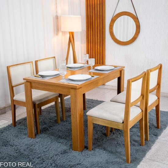 Mesa Athenas 120x80 Am�ndoa Clean Tampo Maci�o - M�veis Lopas + 4 Cad. Cantiga Boucle Bege Madeira Maci�a - Bechara