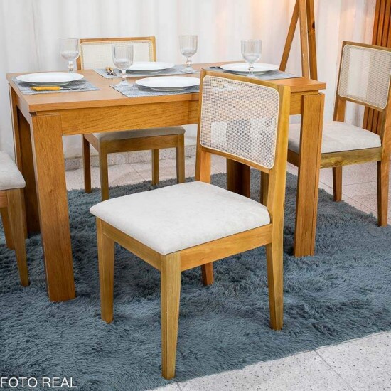 Mesa Athenas 120x80 Am�ndoa Clean Tampo Maci�o - M�veis Lopas + 4 Cad. Cantiga Boucle Bege Madeira Maci�a - Bechara