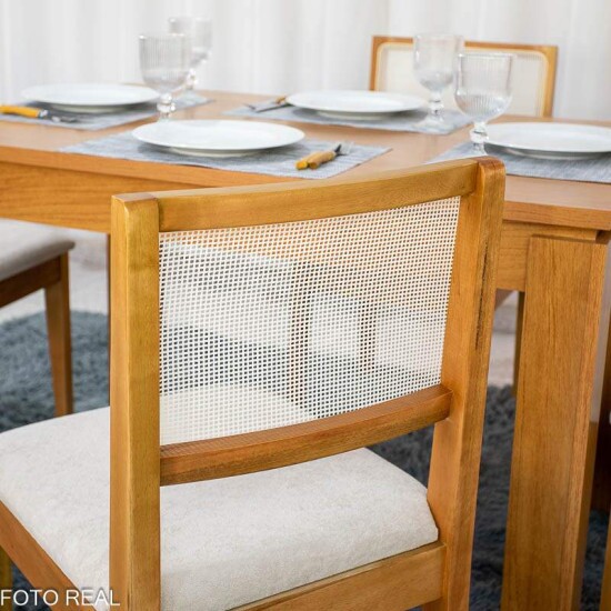 Mesa Athenas 120x80 Am�ndoa Clean Tampo Maci�o - M�veis Lopas + 4 Cad. Cantiga Boucle Bege Madeira Maci�a - Bechara