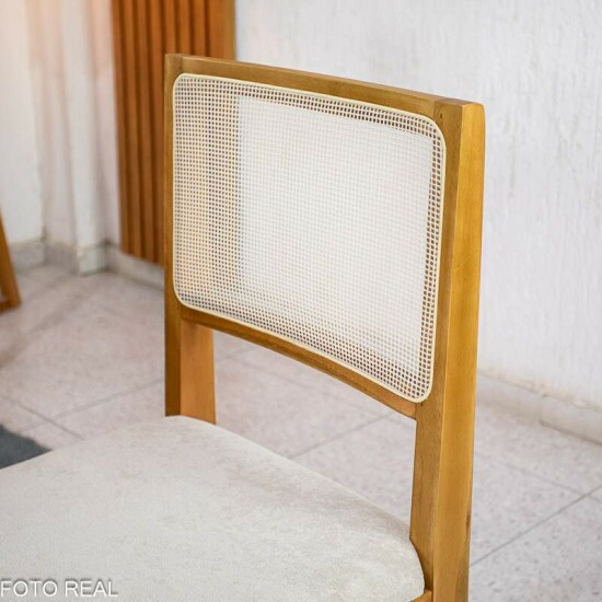 Mesa Athenas 120x80 Am�ndoa Clean Tampo Maci�o - M�veis Lopas + 4 Cad. Cantiga Boucle Bege Madeira Maci�a - Bechara