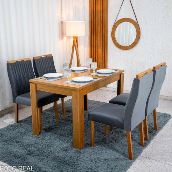 Mesa Athenas 120x80 Am�ndoa Clean Tampo Maci�o - M�veis Lopas + 4 Cad. G�nova Veludo Cinza 507 Madeira Entregue Montada - Art Assentos