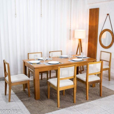 Mesa Athenas 180x90 Am�ndoa Clean Tampo Maci�o - M�veis Lopas + 6 Cad. Cantiga Boucle Bege Madeira Maci�a - Bechara
