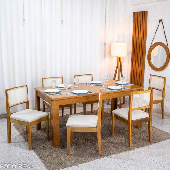 Mesa de Jantar Athenas 180x90 Am�ndoa Clean Tampo Maci�o Lopas + 6 Cadeiras Cantiga Boucle Bege Bechara
