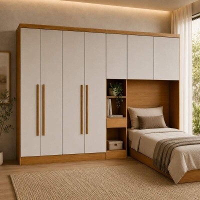 Modulado Solteiro Cumaru/Fendi Fosco 1 Roupeiro Moderni 4 Pts + 1 Criado Rizon + 1 A�reo 2 portas Rizon - Novo Horizonte