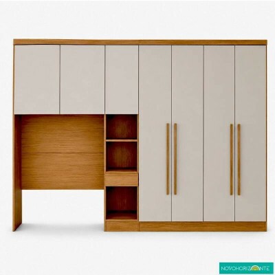 Modulado Solteiro Cumaru/Fendi Fosco 1 Roupeiro Moderni 4 Pts + 1 Criado Rizon + 1 A�reo 2 portas Rizon - Novo Horizonte