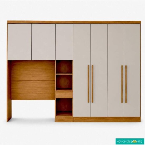 Modulado Solteiro Cumaru/Fendi Fosco 1 Roupeiro Moderni 4 Pts + 1 Criado Rizon + 1 A�reo 2 portas Rizon - Novo Horizonte