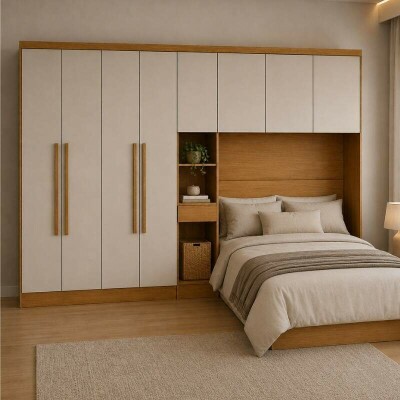 Modulado Casal Cumaru/Fendi Fosco 1 Roupeiro Moderni 4 Pts + 1 Criado Rizon + 1 A�reo 3 portas Rizon - Novo Horizonte