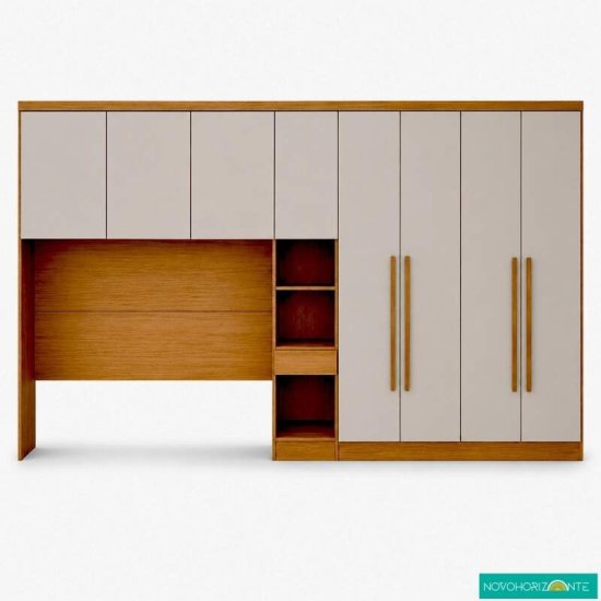Modulado Casal Cumaru/Fendi Fosco 1 Roupeiro Moderni 4 Pts + 1 Criado Rizon + 1 A�reo 3 portas Rizon - Novo Horizonte