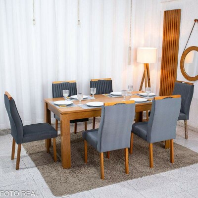 Mesa Athenas 180x90 Am�ndoa Clean Tampo Maci�o - M�veis Lopas + 6 Cad. G�nova Veludo Cinza 507 Madeira Entregue Montada - Art Assentos