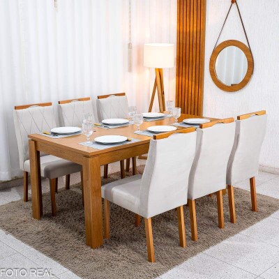 Mesa Athenas 180x90 Am�ndoa Clean Tampo Maci�o - M�veis Lopas + 6 Cad. Lisboa Veludo Bege 512 Madeira Entregue Montada - Art Assento