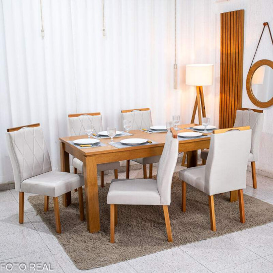 Mesa de Jantar Athenas 180x90 Am�ndoa Clean Tampo Maci�o Lopas + 6 Cadeiras Lisboa Veludo Bege 512 Art Assento - Entregue Montada