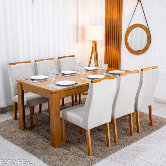 Mesa de Jantar Athenas 180x90 Am�ndoa Clean Tampo Maci�o Lopas + 6 Cadeiras Lisboa Veludo Bege 512 Art Assento - Entregue Montada