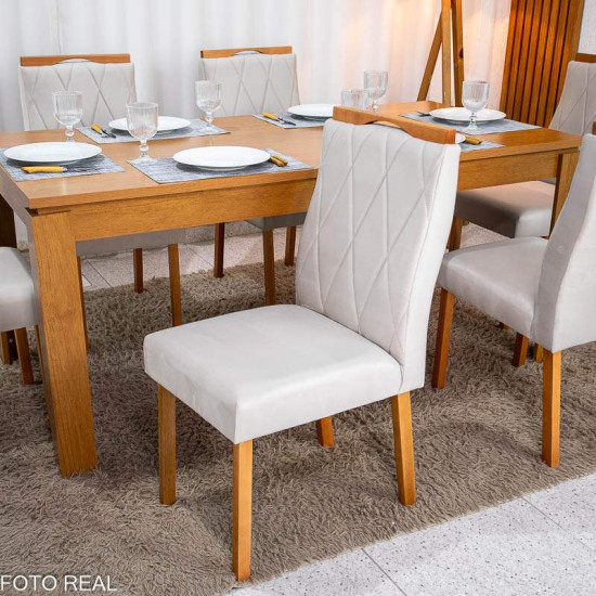 Mesa de Jantar Athenas 180x90 Am�ndoa Clean Tampo Maci�o Lopas + 6 Cadeiras Lisboa Veludo Bege 512 Art Assento - Entregue Montada