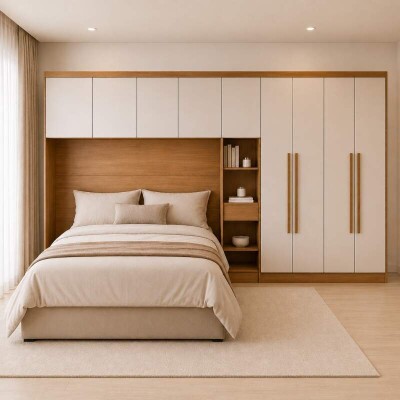 Modulado Queen Cumaru/Fendi Fosco 1 Roupeiro Rizon 4 Pts + 1 Criado Rizon + 1 A�reo 4 portas Rizon - Novo Horizonte