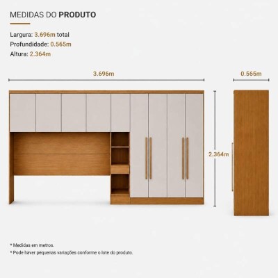 Modulado Queen Cumaru/Fendi Fosco 1 Roupeiro Rizon 4 Pts + 1 Criado Rizon + 1 A�reo 4 portas Rizon - Novo Horizonte