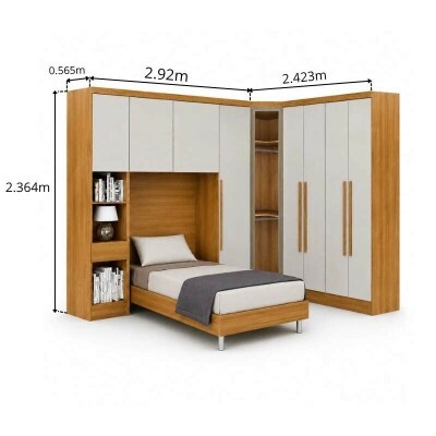 Modulado Solteiro Cumaru/Fendi Fosco 1 Roupeiro Rizon 4 Pts + 1 Criado Rizon + 1 Canto Obl�quo Rizon C/Porta de Vidro + 1 Modulado Rizon 1 Porta + 1 A�reo 2 portas Rizon - Novo Horizonte