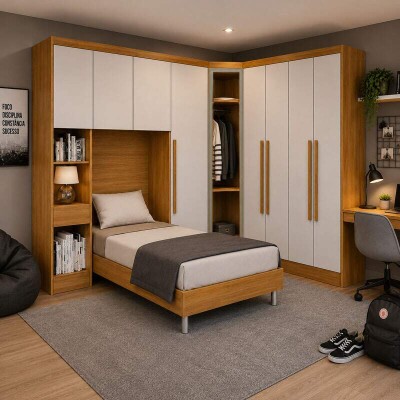 Modulado Solteiro Cumaru/Fendi Fosco 1 Roupeiro Rizon 4 Pts + 1 Criado Rizon + 1 Canto Obl�quo Rizon C/Porta de Vidro + 1 Modulado Rizon 1 Porta + 1 A�reo 2 portas Rizon - Novo Horizonte