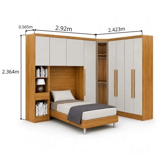 Modulado Solteiro Cumaru/Fendi Fosco 1 Roupeiro Rizon 4 Pts + 1 Criado Rizon + 1 Canto Obl�quo Rizon C/Porta de Vidro + 1 Modulado Rizon 1 Porta + 1 A�reo 2 portas Rizon - Novo Horizonte