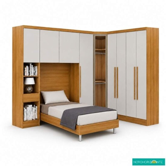 Modulado Solteiro Cumaru/Fendi Fosco 1 Roupeiro Rizon 4 Pts + 1 Criado Rizon + 1 Canto Obl�quo Rizon C/Porta de Vidro + 1 Modulado Rizon 1 Porta + 1 A�reo 2 portas Rizon - Novo Horizonte