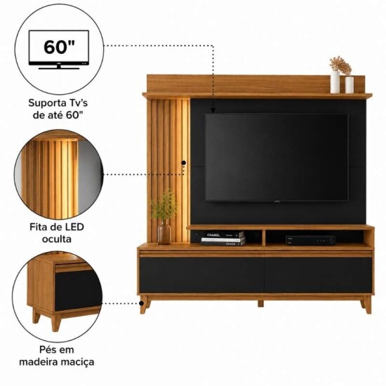 Home NT 1400 Freij�/Preto C/Detalhe Ripado e LED para TV\\\'s at� 60 Polegadas Larg. 1.83m - Not�vel