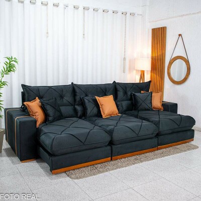 Sof� Retr�til Reclin�vel Gran Bello 3.20m Veludo Preto 21 - Molas Ensacadas