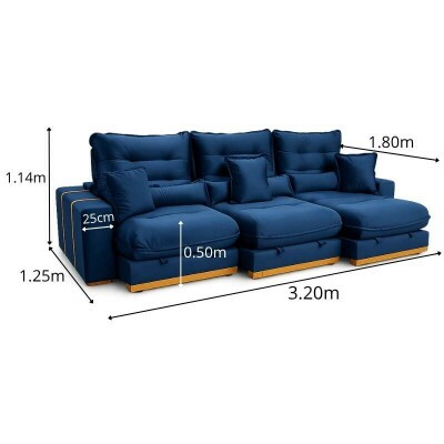 Sof� Retr�til Reclin�vel M�naco 3.20m Veludo Azul A16 - Molas Ensacadas