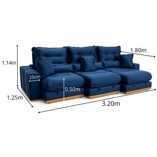 Sof� Retr�til Reclin�vel M�naco 3,20m Veludo Azul A16 - Molas Ensacadas