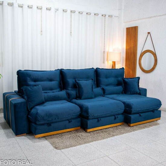 Sof� Retr�til Reclin�vel M�naco 3,20m Veludo Azul A16 - Molas Ensacadas