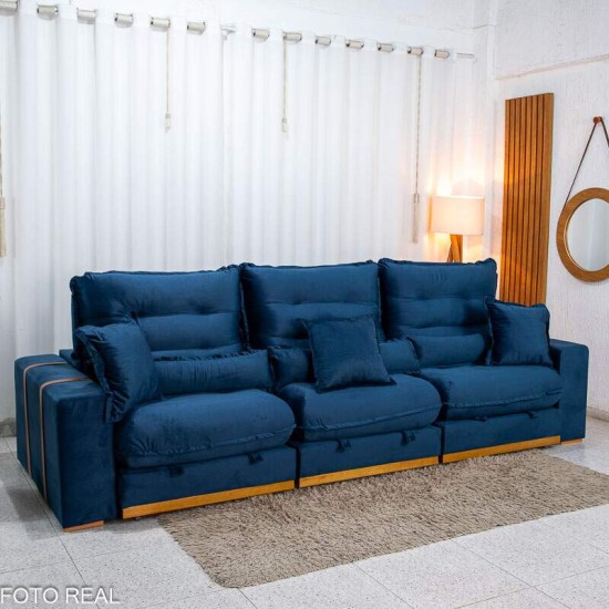 Sof� Retr�til Reclin�vel M�naco 3,20m Veludo Azul A16 - Molas Ensacadas
