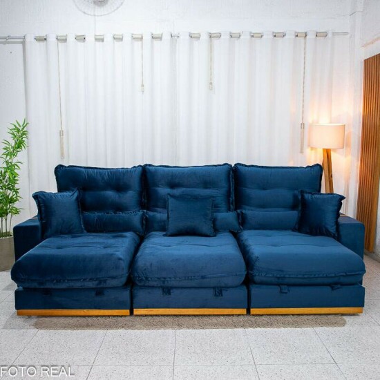 Sof� Retr�til Reclin�vel M�naco 3,20m Veludo Azul A16 - Molas Ensacadas