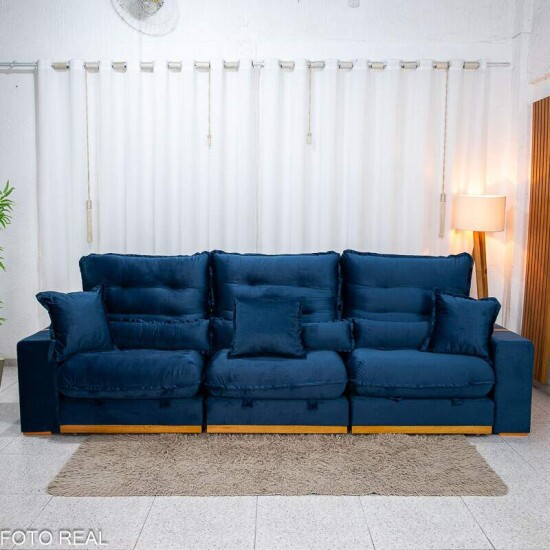 Sof� Retr�til Reclin�vel M�naco 3,20m Veludo Azul A16 - Molas Ensacadas