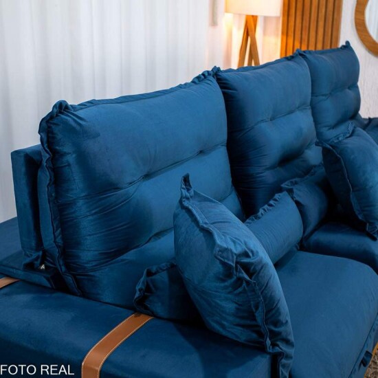 Sof� Retr�til Reclin�vel M�naco 3,20m Veludo Azul A16 - Molas Ensacadas