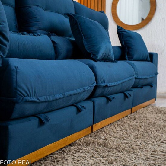 Sof� Retr�til Reclin�vel M�naco 3,20m Veludo Azul A16 - Molas Ensacadas