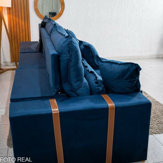 Sof� Retr�til Reclin�vel M�naco 3,20m Veludo Azul A16 - Molas Ensacadas