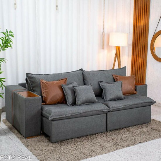 Sof� Retr�til Reclin�vel Emily 2.30m Linho Cinza - Sem Caixa