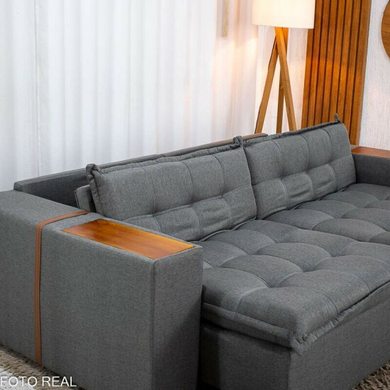 Sof� Retr�til Reclin�vel Emily 2.30m Linho Cinza - Sem Caixa