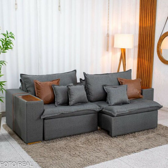Sof� Retr�til Reclin�vel Emily 2.30m Linho Cinza - Sem Caixa