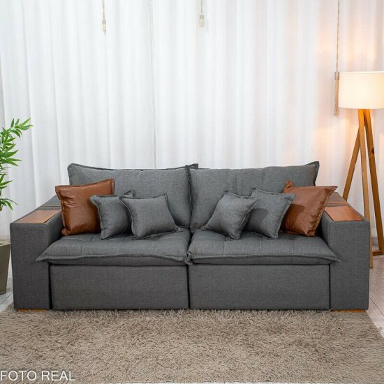 Sof� Retr�til Reclin�vel Emily 2.30m Linho Cinza - Sem Caixa